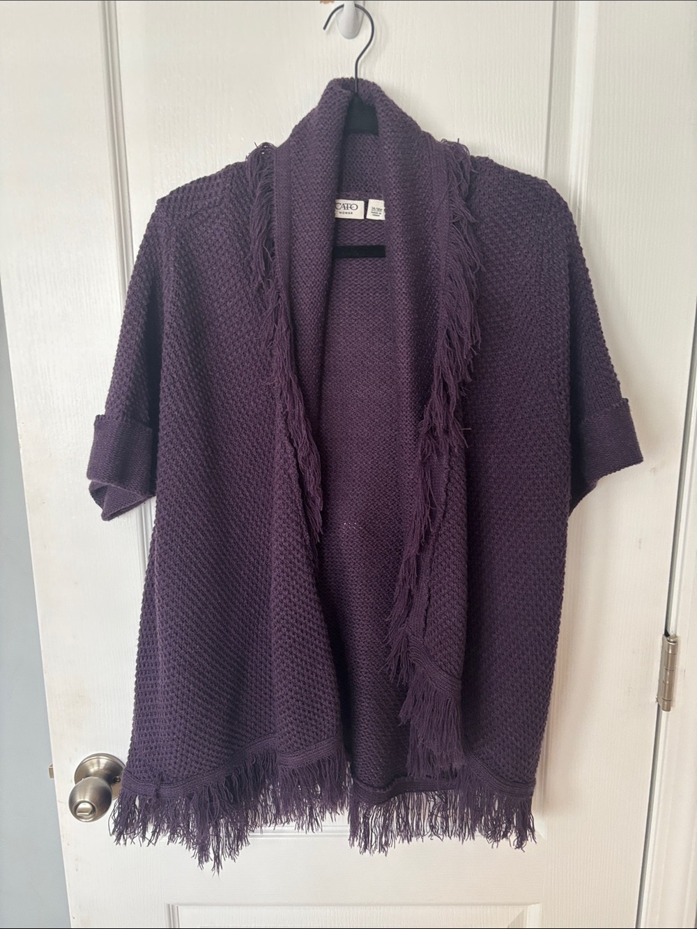 Cato Deep Purple Fringe Open-Front Knit Cardigan